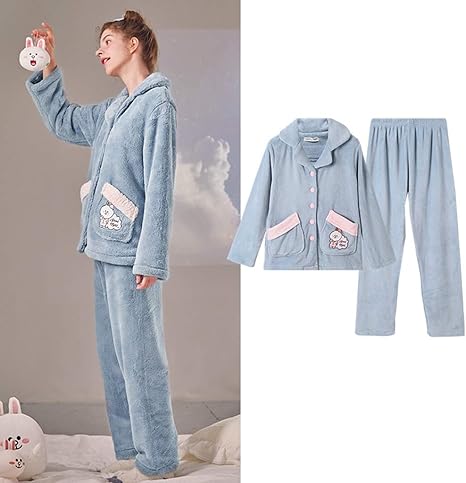 Amazon Co Jp パジャマ レディース 部屋着 女性用フランネルパジャマセット長袖 女性のためのかわいい秋冬暖かいパジャマパンツ ブルーナイトウェアホームウェアラウンジウェアパジャマ S M L Xl Xxl Color Blue 1 Size X Large ホーム キッチン