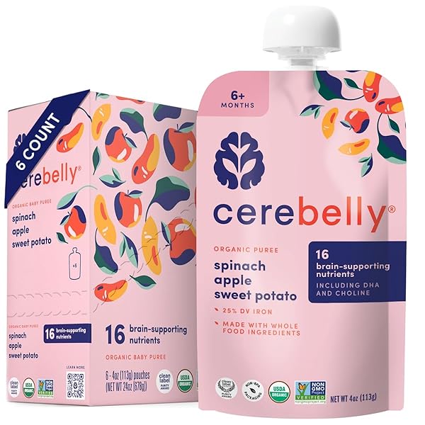 CEREBELLY BABY FOOD POUCHES – ORGANIC VEGGIE PUREES FOR TODDLERS | NO ADDED SUGAR, FIBER, NON-GMO | BLENDED TODDLER POUCHES | 4 OUNCE BPA-FREE POUCH | SPINACH APPLE SWEET POTATO | 6 COUNT