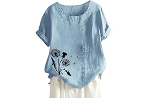 JEGULV Women Cotton Linen Tshirt Tops Casual Loose Fit Trendy Floral Printed Tunic Tees Short Sleeve Plus Size Button Blouses