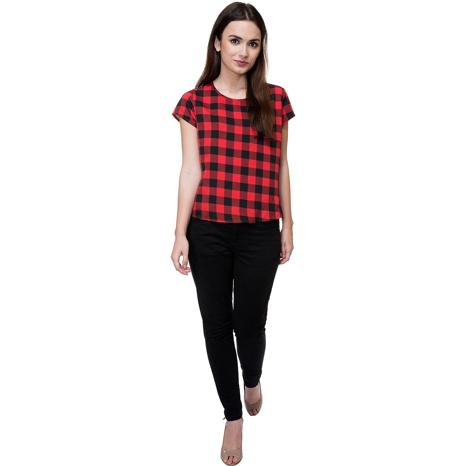 deewa red & black polycrepe round neck casual tops for women