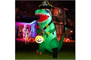 GOOSH 7 FT Halloween Inflatables Dinosaur Outdoor Decorations Blow Up Yard Pirate Dinosaur with Pumpkin Decoration with Built-in LEDs for Indoor Party Garden Lawn Decor