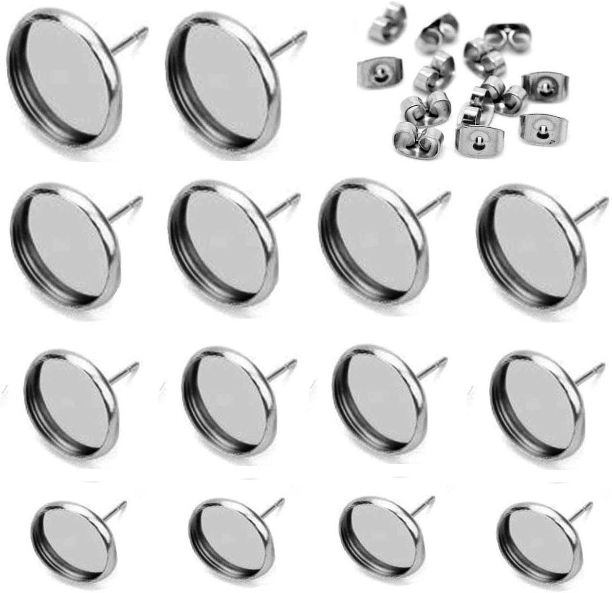 40pcs Mixed Silver Stud Earrings Set for Women Stainless Steel Blank Setting for Jewellery Making with 40pcs Steel Earring Backs DIY Pendant WM259