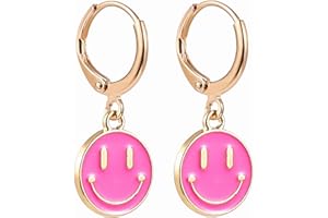 LITTOWN Smiley Face Earrings Huggie Hoop Y2K Preppy Happy Lightning Bolt Heart Star Small Dangle Colorful Gold White Red Pink Yellow Blue Jewelry