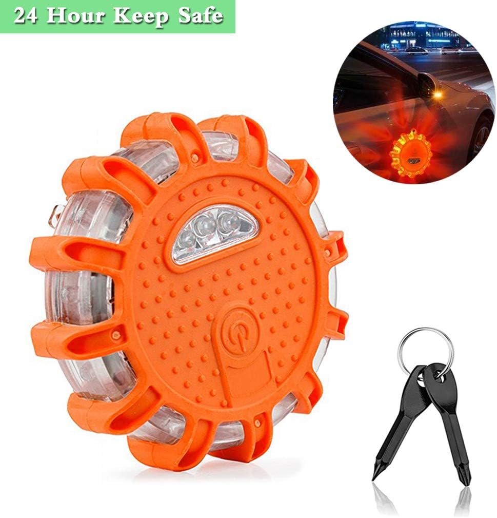 LED Road Flare Roadside Amber Safety Beacon Emergency Disc Strobe Warning Lights Waterproof with 9 kinds of Powerful Flashing Lights Magnetic Base for Car Truck Boat,with keychain screwdriver