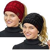 Rosoz Womens Ponytail Beanie Winter Beanie Hat Ponytail Hatfor Women Tail Stretch Cable Knit Cap Messy High Bun Hat