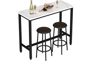 AWQM Bar Table Set of 2, 47.2" Faux Marble Table Top,PU Leather Stools,3 Piece Pub Height Table Set,Breakfast Nook Dining Table Set with 2 Round Stools,Ideal for Living Room,Kitchen,Bar,White