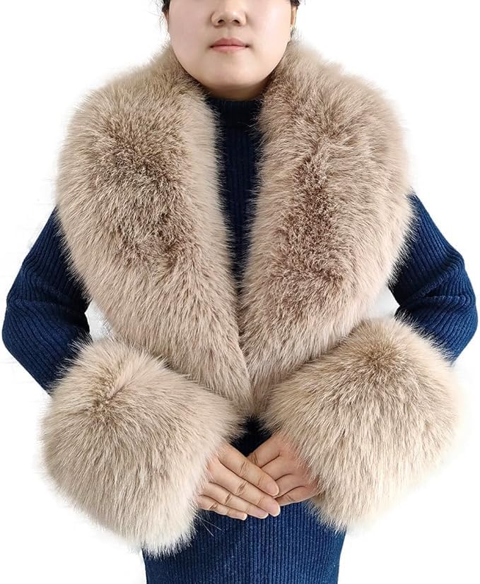 Photo 1 of eileen UU Faux Fox Fur Scarf Women Jackets Warm Fluffy Shawl Fashion Artificial Fur Collar And Cuff Set Fluffy Scarves Female (Khaki)