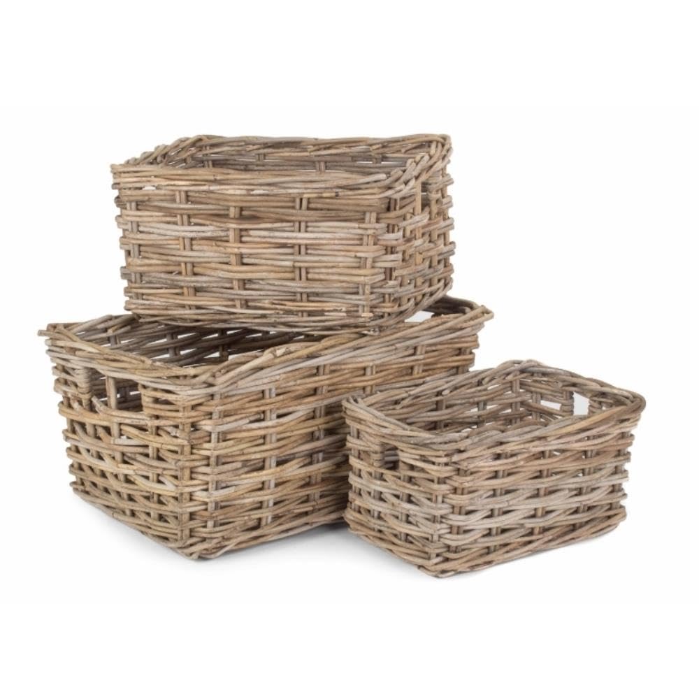 Red Hamper Set of 3 Rectangular Grey Rattan Storage Baskets