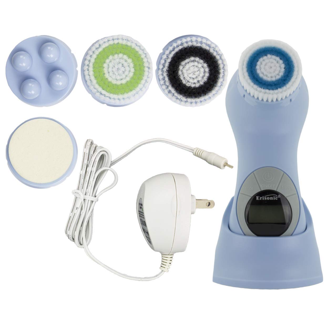 Erisonic FACE and BODY Cleaning and Massaging Brush - Facial Microdermabrasion Acne Remover Treatment - Waterproof Deep cleansing Face Brush Set for Exfoliating - Blackhead Remover - Dark Sport and Acne Scar Treatment - Electric 5-in-1 Facial Cleanser Scrub Brush with LCD Screen and 3 Modes, 5 Level Intensity, 5 Brush Heads - Baby Blue