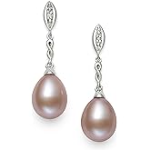Belacqua Pink Cultured Freshwater Pearl with Lab-Created White Sapphire Dangle Drop Earrings in Sterling Silver, Push Back, Real Pearl Jewelry for Women, Gift Box Included
