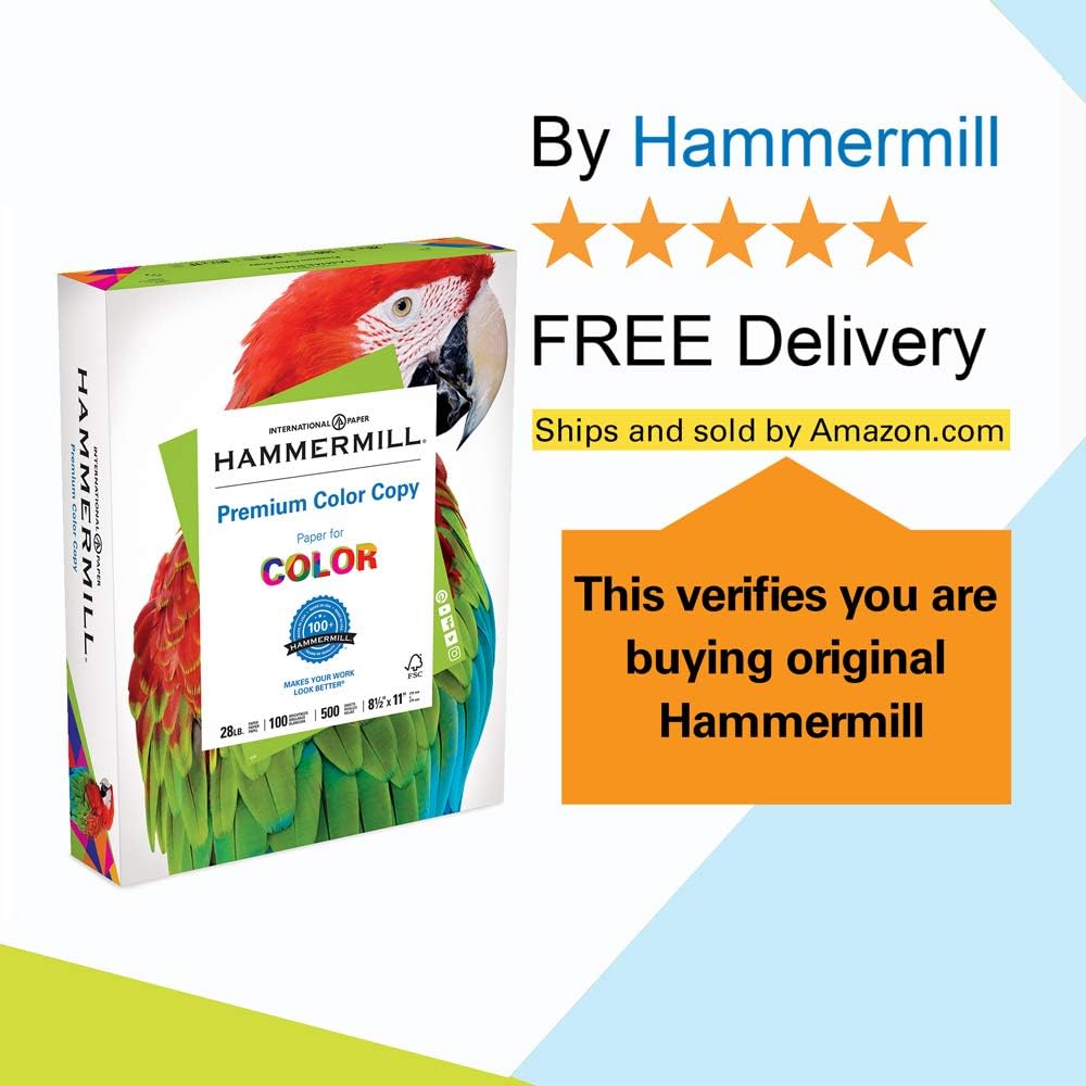Hammermill Premium Color Copy 28lb Paper, 8.5x11, 1 Ream, 500 Sheets, Made in USA, Sustainably Sourced From American Family Tree Farms, 100 Bright, Acid Free, Premium Color Copy Printer Paper, 102467R : Laser Printer Paper : Office Products