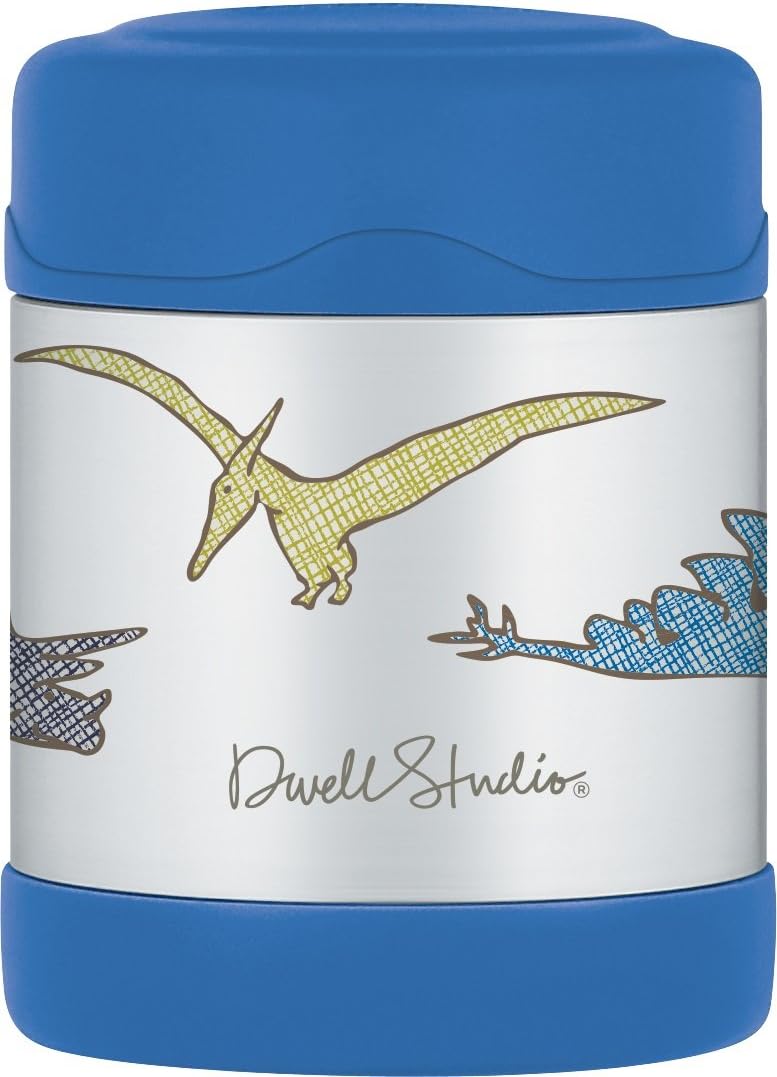 DwellStudio for Thermos, Vacuum Insulated FUNtainer Stainless Steel Food Jar, Dinosaur, 10 Ounce