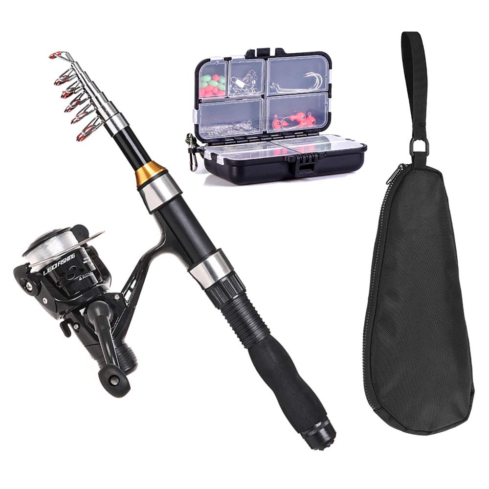 doorslay Telescopic Fishing Rod and Reel Combo Set Fishing Rod Reel Combo Full Kit 1.5m Telescopic Fishing Rod Spinning Reel Set with Hooks Soft Lures Barrel Swivels Storage Bag
