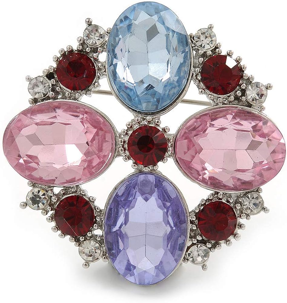 Statement Multicoloured Glass Bead Square Brooch In Rhodium Plating - 45mm Width, silver, red, light blue, purple, pink