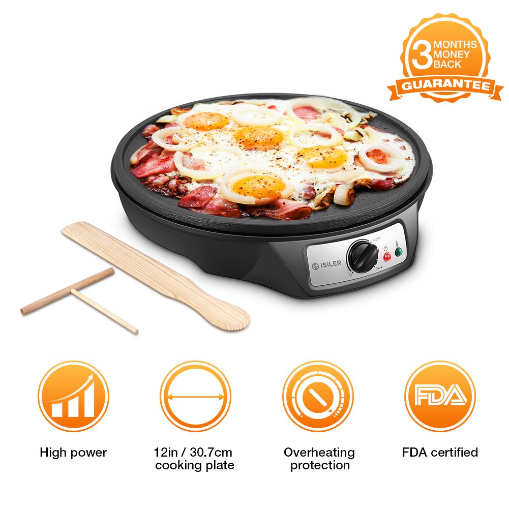 Electric Crepe Maker, iSiLER 12" Electric Nonstick Crepe Pan, 1080W  Electric Pancakes Maker Griddle with Batter Spreader & Wooden Spatula, ...