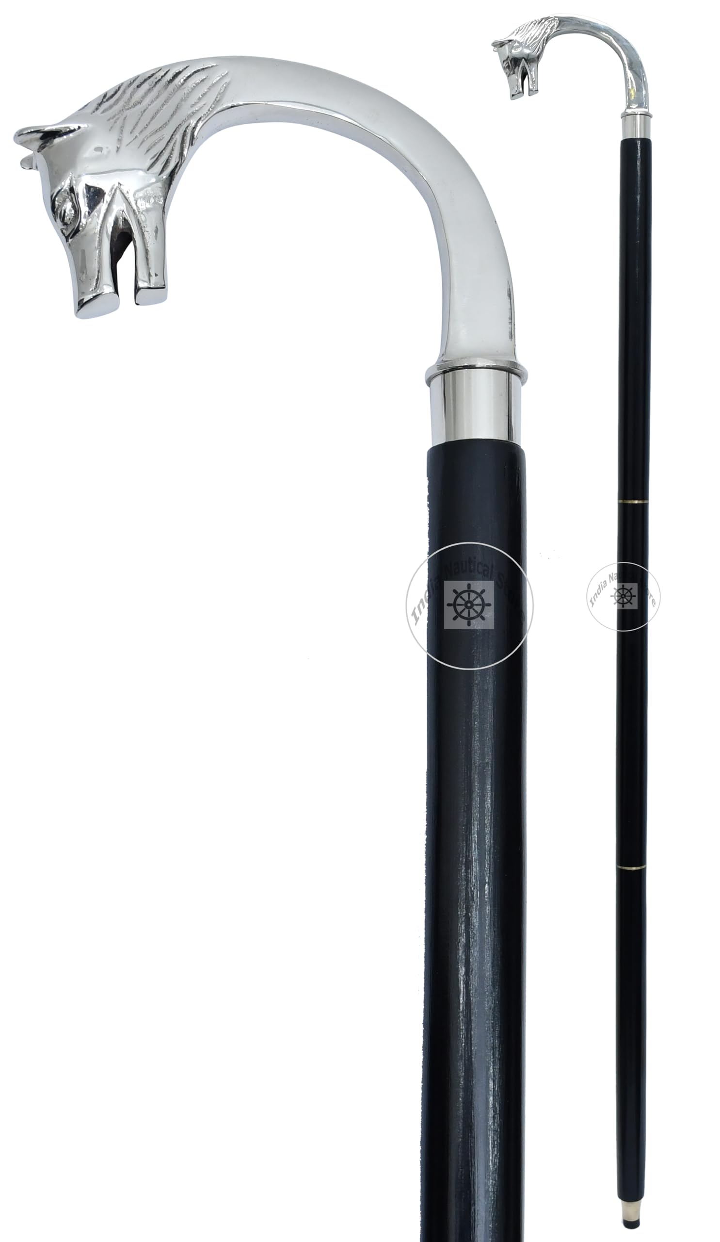 Alfiya Nautical Wolf Head Silver Plated Wooden Walking Stick | 3-Fold Vintage Cane with Brass Style Handle | Portable Support & Classic Gift