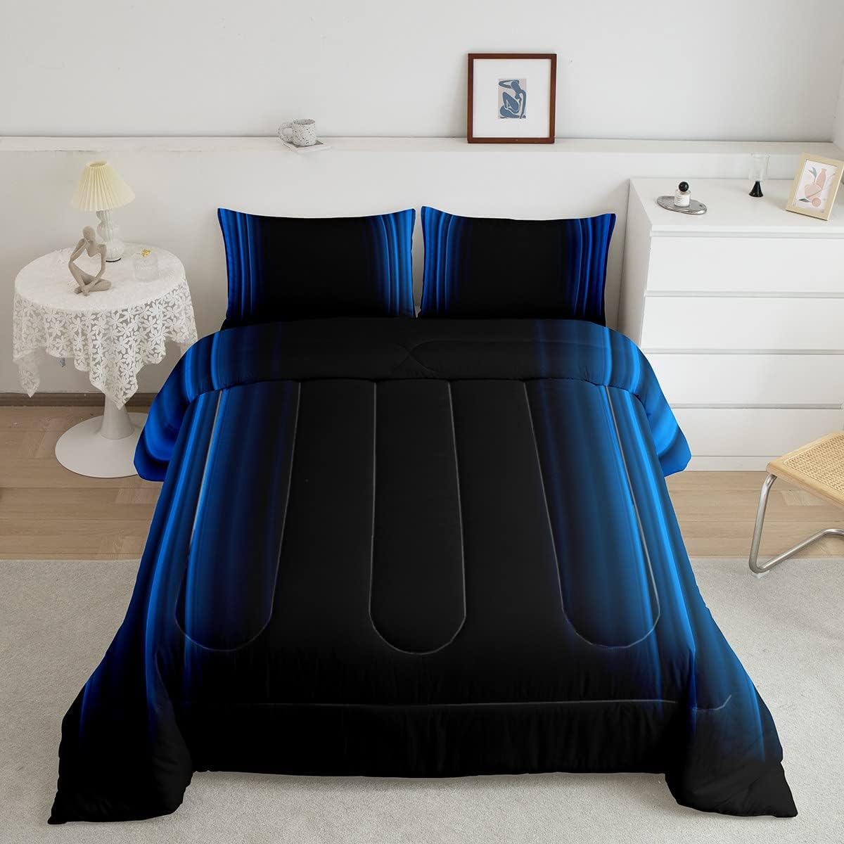 Photo 1 of Geometric Abstract Ombre Comforter Set Kids Teens Blue and Black Striped Bedding Bed Set Decor Modern Fashion Comforter Inner Fill Bedroom Collection 3Pcs Queen Size