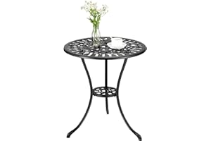 SunnyFurn 23.6" Round Cast Aluminum Patio Bistro Table, Outdoor Coffee Bistro Side Table with Umbrella Hole, Antique Design Dining Desk for Backyard, Garden, Porch, Pool, Balcony, Black