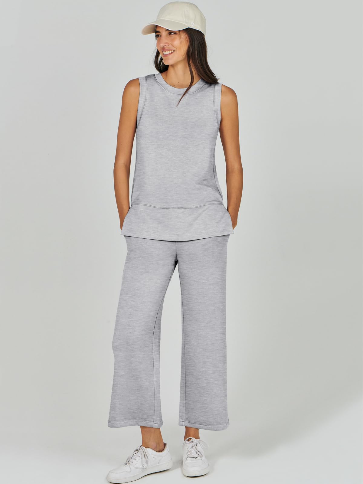 ANRABESS Women's 2 Piece Sets Summer Outfits Sleeveless Wide Leg Tracksuits Casual Sweat Sets Lounge Sweatsuits Light Grey Large - Image 2