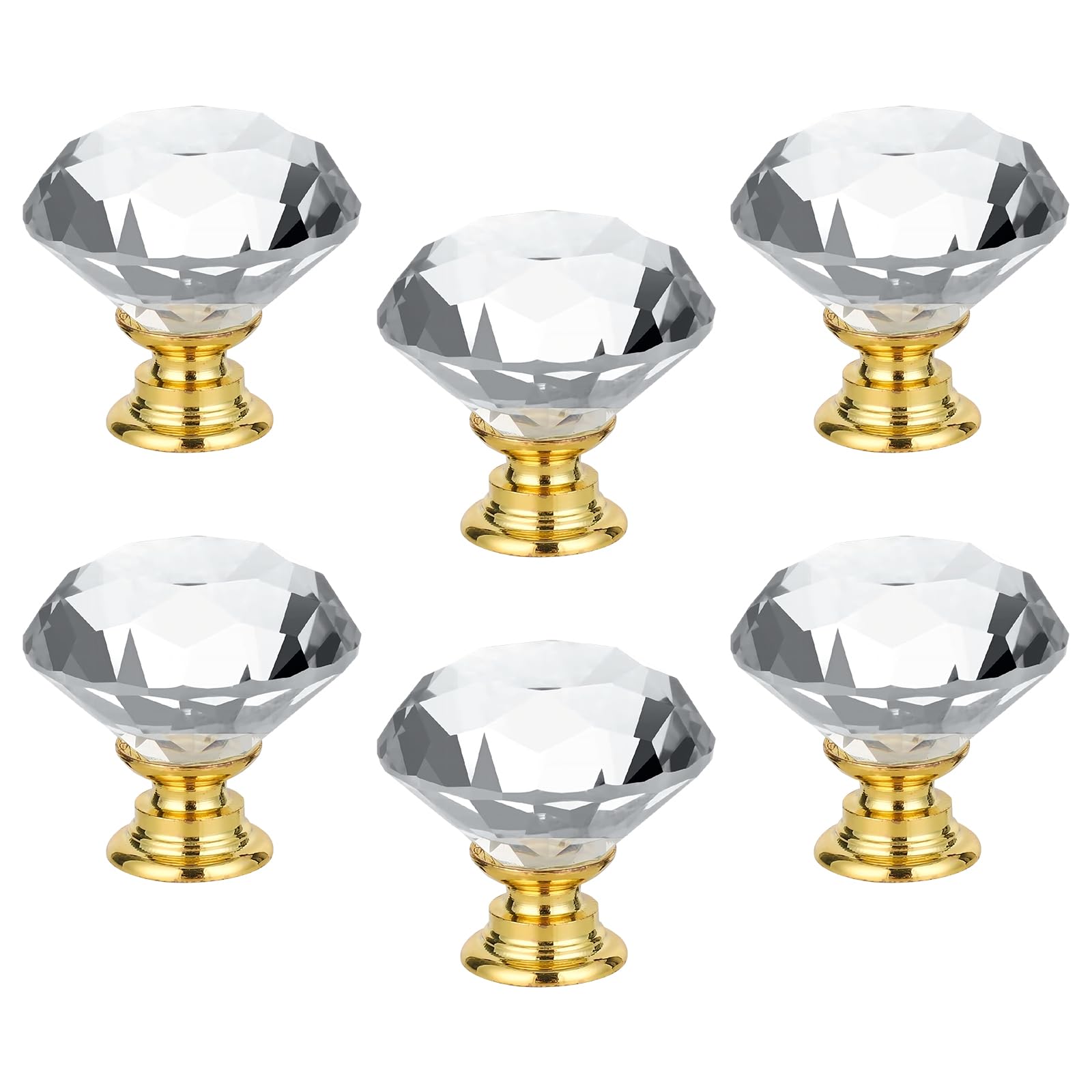 Chic Crystal 6 Pack Diamond Shaped Cabinet Knobs - Crystal Glass Pull Handles for Dresser Cupboards & Door Knobs (Gold Base)