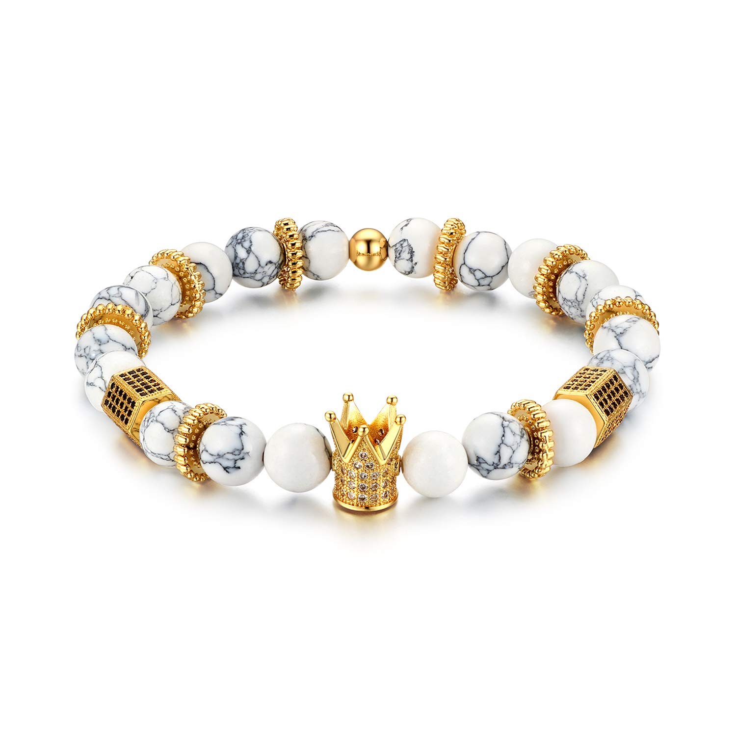 Cupimatch 8mm Beads CZ Crown King Charm Bracelet for Men Women 7.5",White