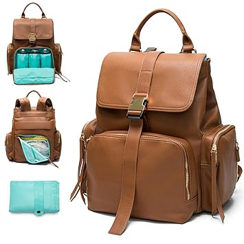 Amazon Com Diaper Bag Backpack By Mominside Leather Backpack For Women Travel Backpack Baby Bag With 15 Pockets Changing Pad Large Capacity For Wet Clothes Breast Pump Milk Bottle Brown Baby