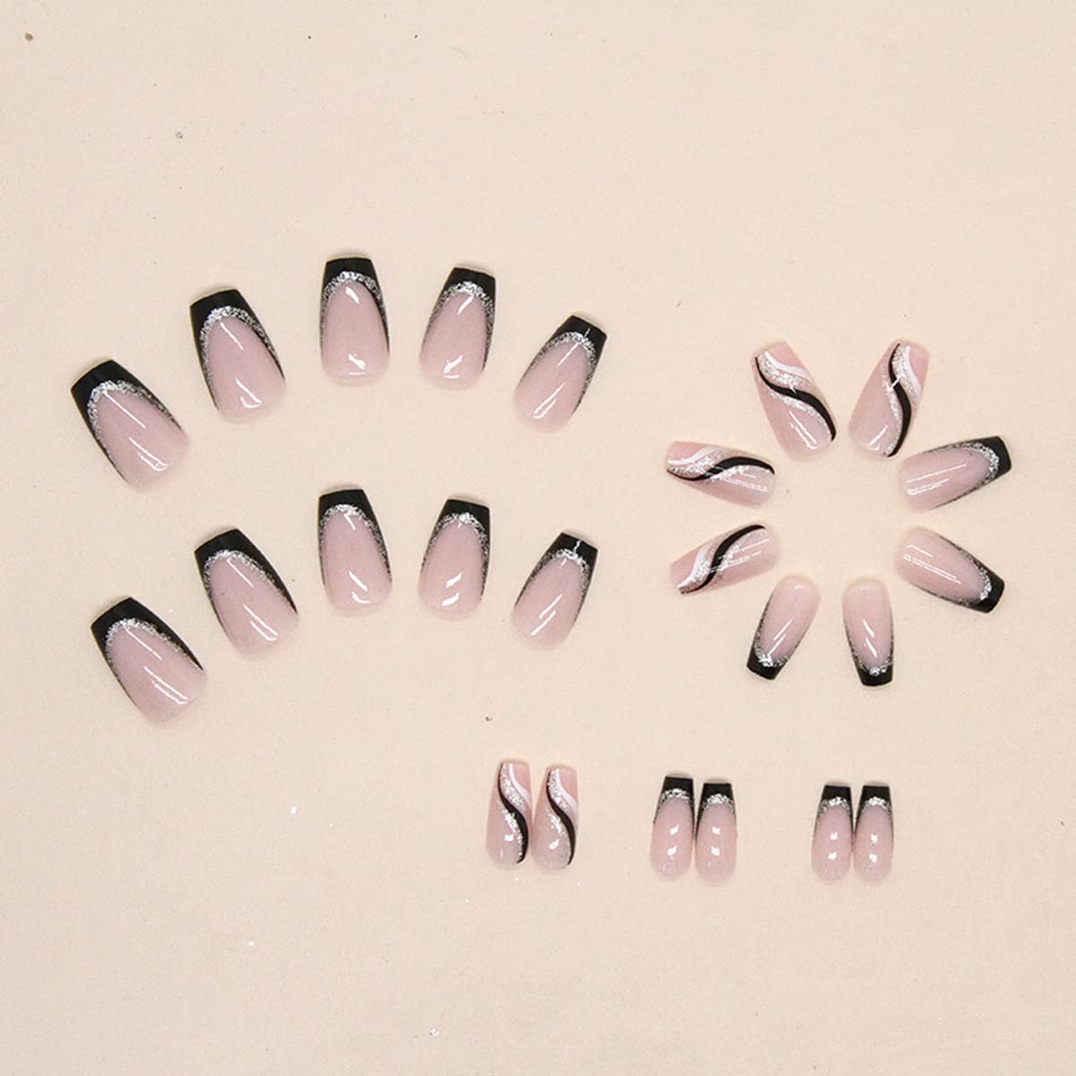 24PCS Black French Tip Glossy Coffin Nails With Silver Glitter Line Designs - Medium Length Square Fake Nails Full Cover - Artificial Acrylic False Glue On Nails - Image 3