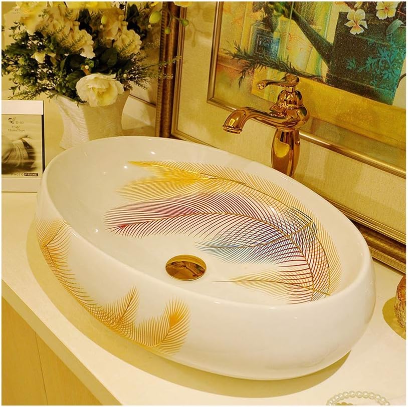 QWERTY Home Wash Basin Sink Art Above Counter Basin Ceramic Wash Basin Oval Ceramic Counter Wash Basin - Faucet Not Included for bathroom (Color : D, Size : 16X24X6inch)