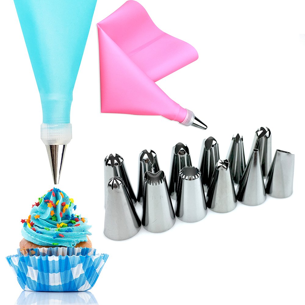 Piping Bags and Nozzles Cake Decorating Set with Silicone Bag, Tips, Coupler | Reusable Pastry Bags and Nozzle for Cake, Pastries, Cupcake, Baking (Pack of 12)