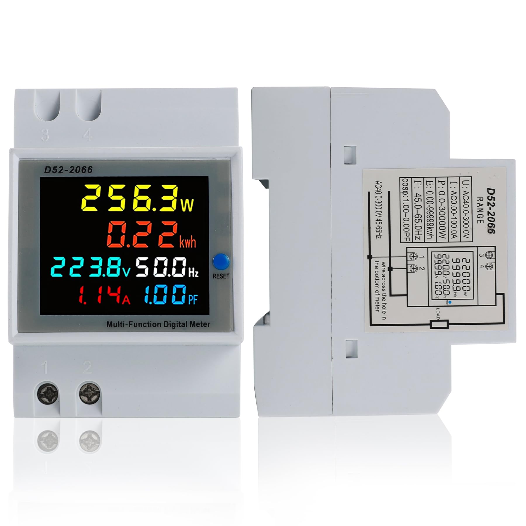 BOSYTRO Mounting Rail Electricity Counter, 1 Phase Digital LCD Energy Meter AC40-300V 100A 6 in 1, KWh Multi-Function AC Meter, DIN Voltmeter Ammeter, Type