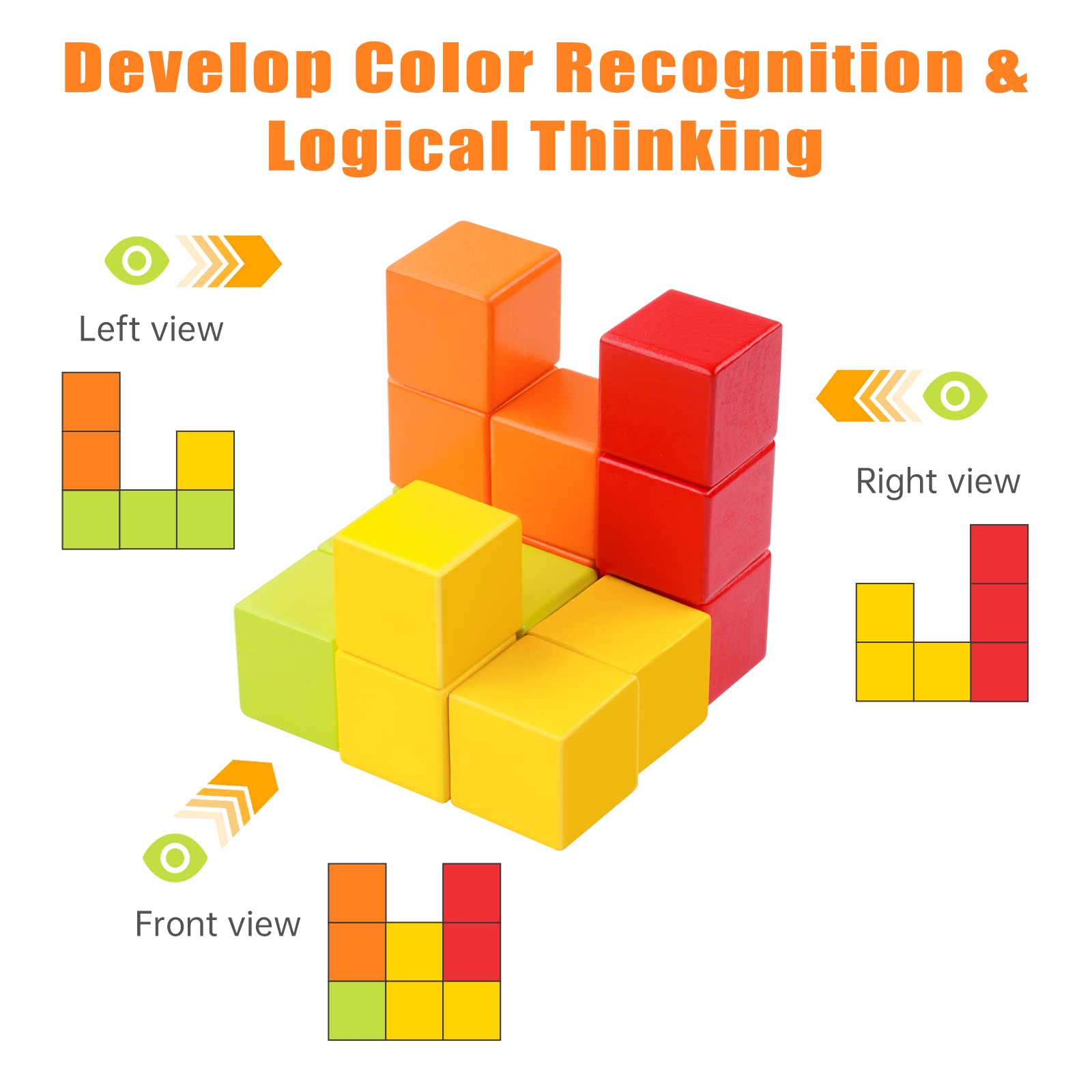 NiToy Wooden Cube Toy 16PCS Building Blocks for Kids 40 Pattern Cards and Storage Pouch, 4 Colors 3D Space Stacking Game STEM Educational Preschool Learning Sensory Toy Counting Math Color Cognition