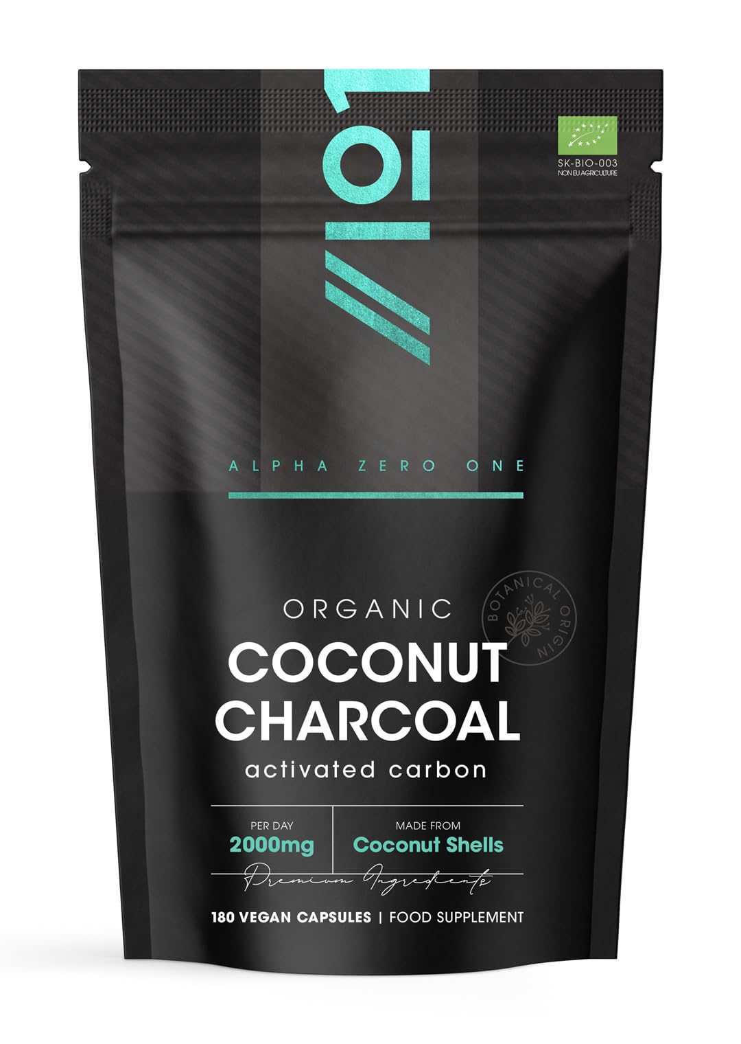 Organic Activated Coconut Charcoal 2000mg – 180 Vegan Capsules – Bloating & Gas, Digestion & Flatulence Natural Relief – Resealable and Recyclable Pouch by Alpha01