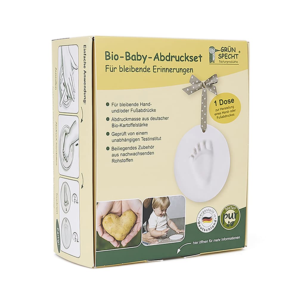 GRÜNSPECHT Organic Baby Impression Set, 1 Tin of Impression Compound & Accessories, Baby Handprint & Footprint, Made from Certified Organic Potato Starch, Gift Birth (678-00)