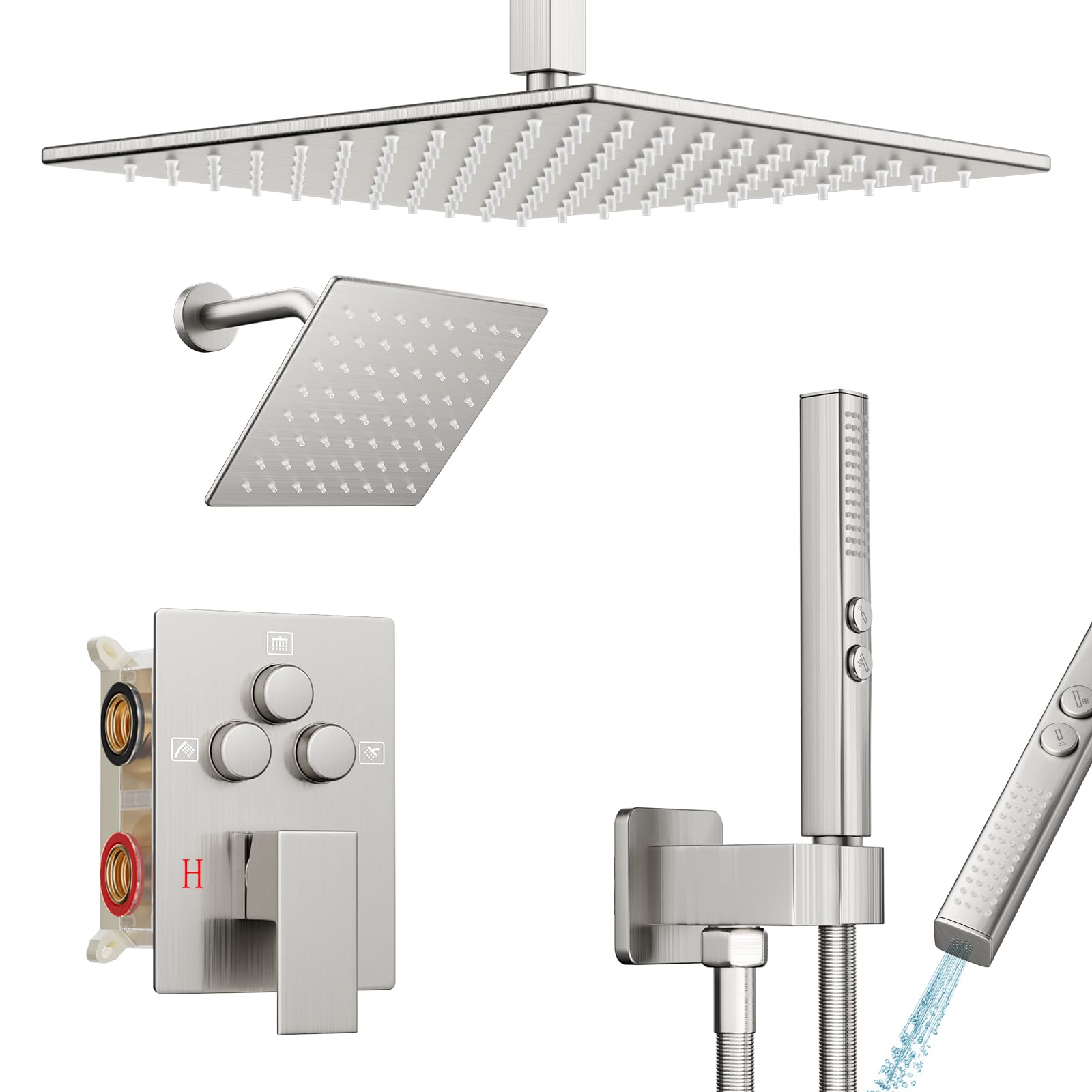 Baetuy Shower Faucet Set Brushed Nickel Shower System, Ceiling Mount 12 Inch Shower Head With Wall Mount 6 Inch Shower Head and 2 in 1 Handheld Spray, Push Button Diverter Shower Valve Trim Kit Image