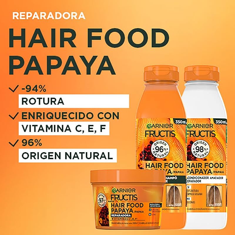 Garnier Fructis Hair Food Pack, champô de papaia, amaciador e máscara, desembaraçantes, reparação intensiva de cabelo danificado, 98% de ingredientes Origem natural, vegan, embalagem sem silicone de 350ml e 400ml