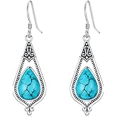 Genuine Turquoise Dangle Earrings for Women, Sterling Silver Vintage Native American Western Gemstone Jewelry Teardrop Earrings Birthday Gift