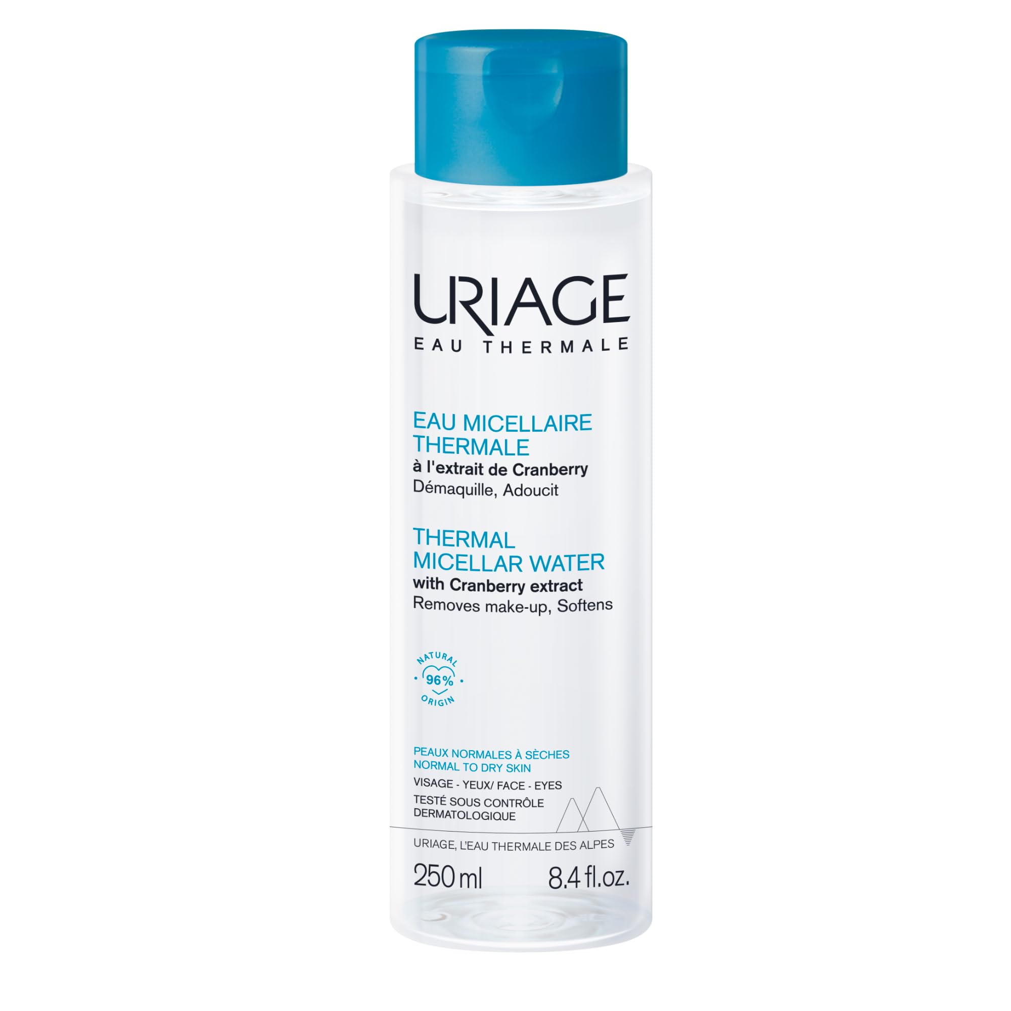 Uriage Thermal Micellar Water for Normal to Dry Skin 250ml - Face & Eyes - 3-in-1: Cleanses, Removes Makeup, Even Waterproof & Hydrates - No rinse - Floral Scent - 96% Ingredients of Natural Origin
