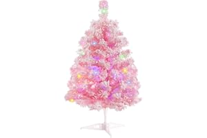 GLOREYAN 2FT Artificial Christmas Tree with Lights Lighted Pink Tabletop Christmas Tree Light Up Battery Operated Snow Flocked Mini Xmas Pine Tree for Party Supplies Indoor Outdoor Holiday Home Decoration