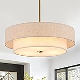 Prayou 17.7" Modern Drum Chandeliers, 3-Light Pendant Light Fixture with E26 Bases, 2-Layer Round Fabric Shade Chandeliers fo
