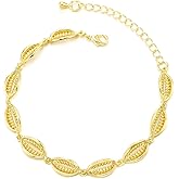 COOLSTEELANDBEYOND Women 18K Gold-Plated Bracelet with Leaf Shaped Links Adjustable Chain Delicate Elegant Nature Inspired Jewelry