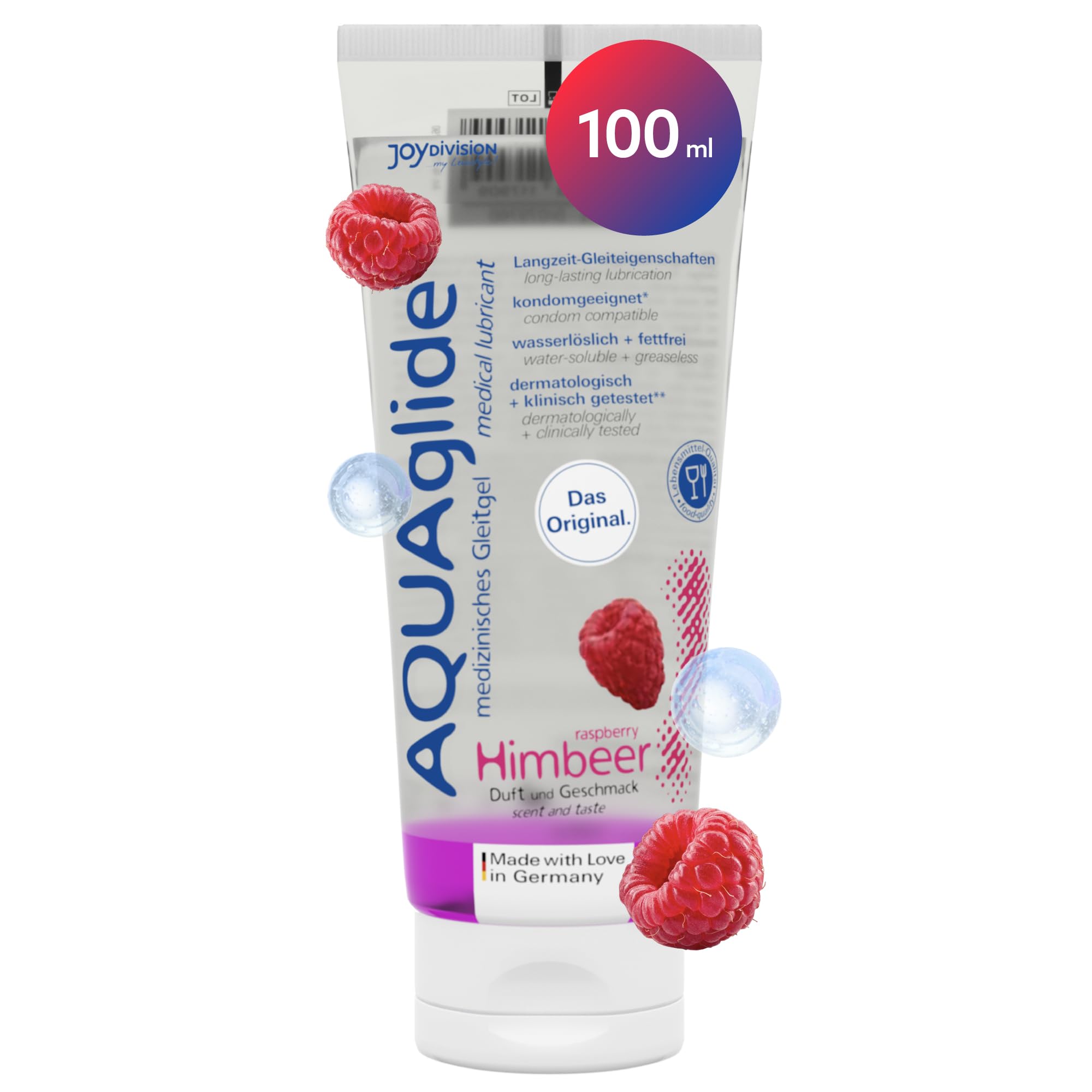 Joydivision AQUAglide Raspberry Lubricant 100ml, Vegan, with a Sensual Scent, Crystal-Clear Lubricant Suitable for Latex Condoms