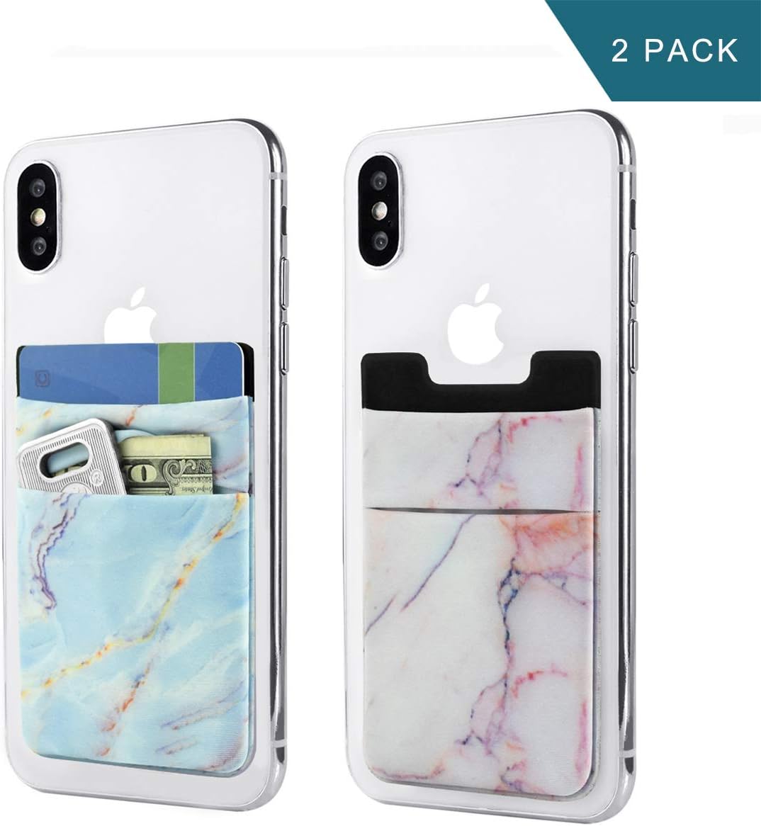 Newseego 2 Pack Cell Phone Card Wallet Stick on Wallet Card Holder Pocket Phone Pouch Expanding Case for Most Smartphones (Blue and Pink Marble)