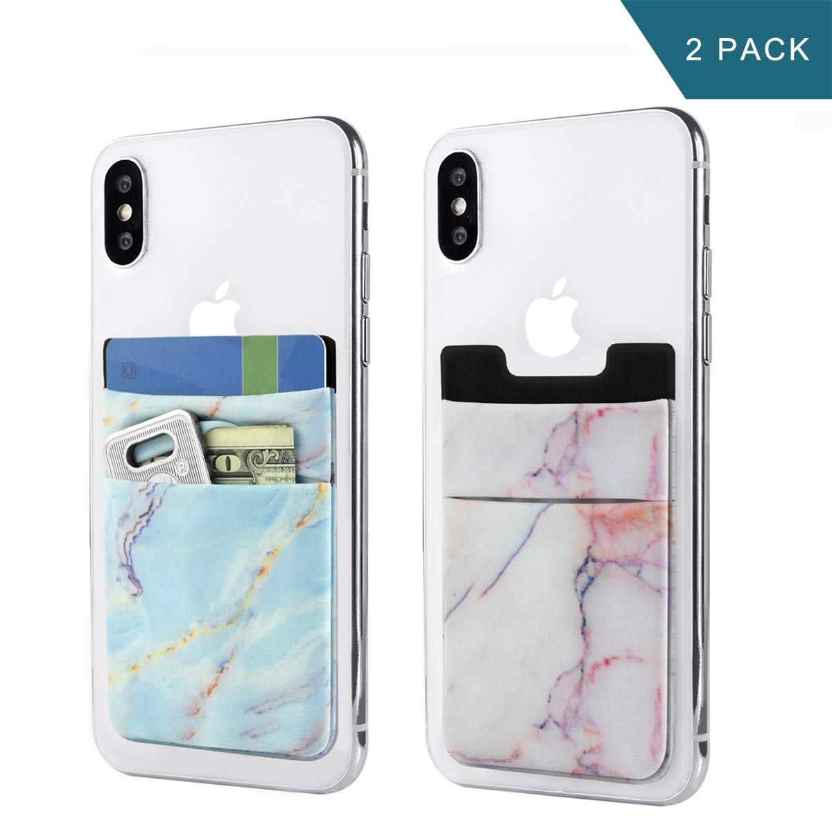 Newseego 2 Pack Cell Phone Card Wallet Stick on Wallet Card Holder Pocket Phone Pouch Expanding Case for Most Smartphones (Blue and Pink Marble)