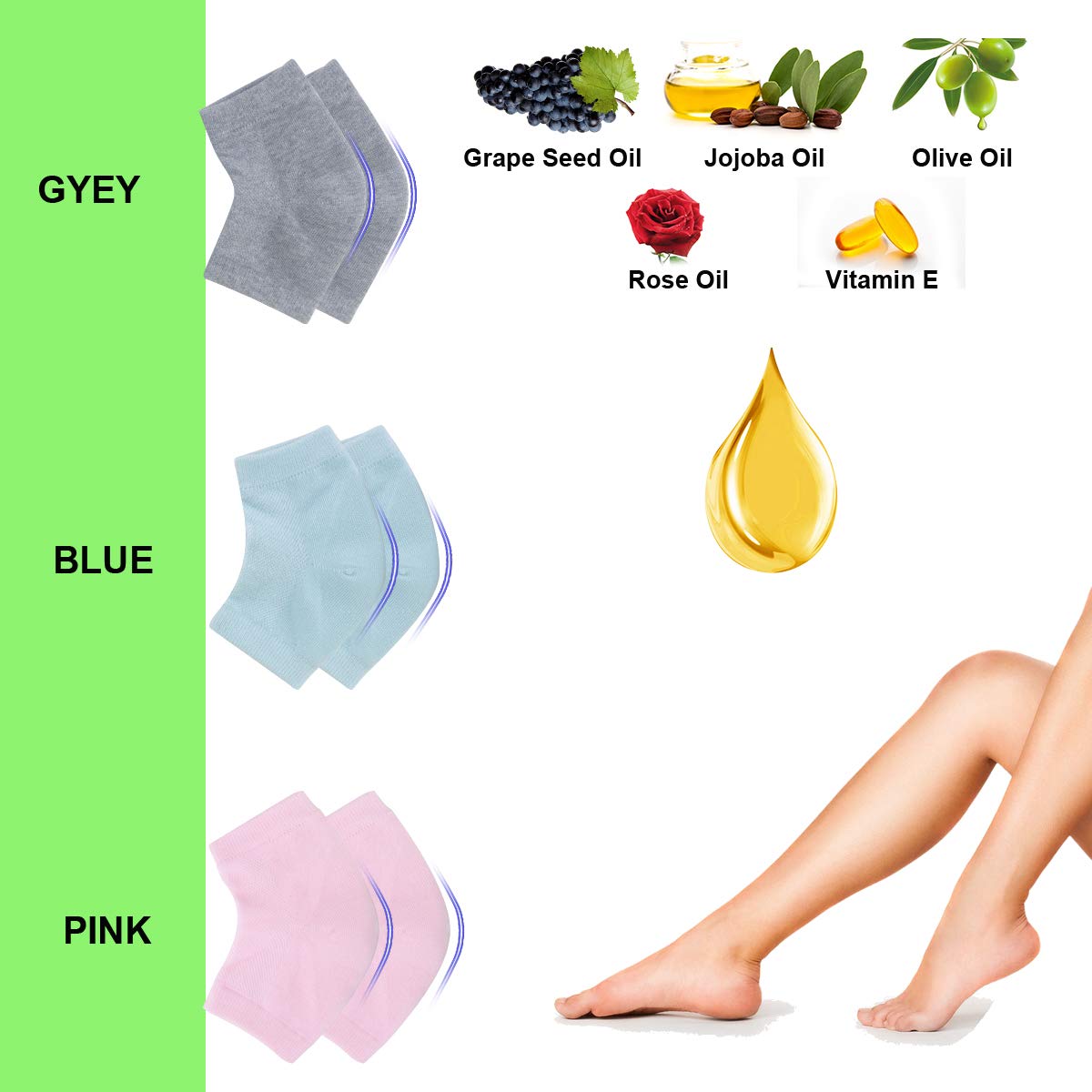 Vented Moisturizing Gel Heel Socks, 3 Pairs Toeless Spa Sock for Foot Care Treatment, Cracked Heels, Dry Feet, Foot Calluses (Green, Grey, Pink) : Beauty