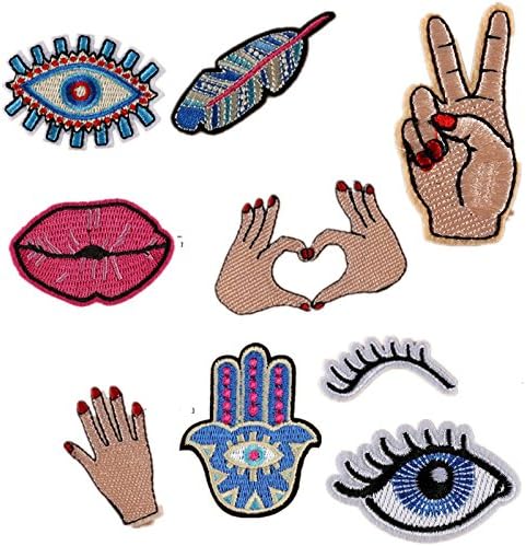 9PC Iron On Patches Lot Embroidered Eye Glasses Hand Feather Applique Fabric Patch Clothes Sewing Craft Supplies