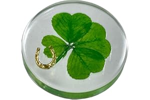 KIN-HEBI Real Four Leaf Clover Good Luck Pocket Token, Preserved, 1.25”, Including Metal Horseshoe Object (Gold)