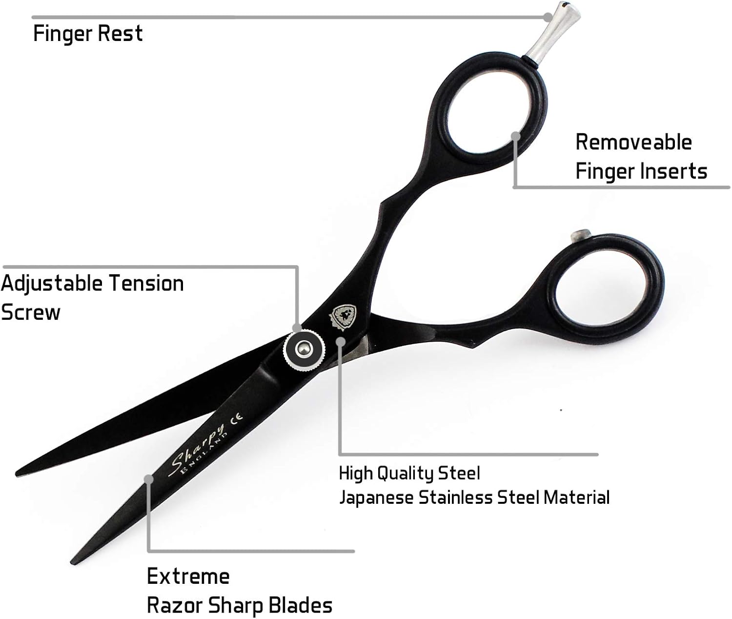 Sharpy Professional 6.0'' Stainless Steel Hairdressing Scissors - Black, Salon Shears with Adjustable Screw & Removable Finger Rest - Image 4