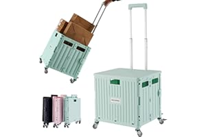 MACOPRO Folding Utility Cart Portable Rolling Crate Handcart Shopping Trolley Collapsible Tool Box, with Lid, Basket on 4 Rotate Wheels, for Grocery, Office, Teacher, Travel Shop Move Luggage (Green)