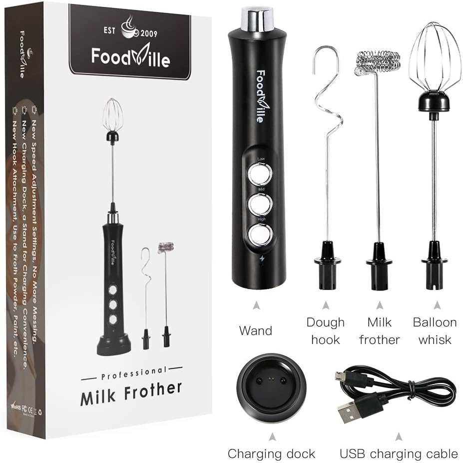 FoodVille MF02 Rechargeable Milk Frother Handheld Foam Maker with Stainless Whisk for Cappuccino, Latte, Bulletproof Coffee, Keto Diet, Protein Powder, Matcha: Kitchen & Dining