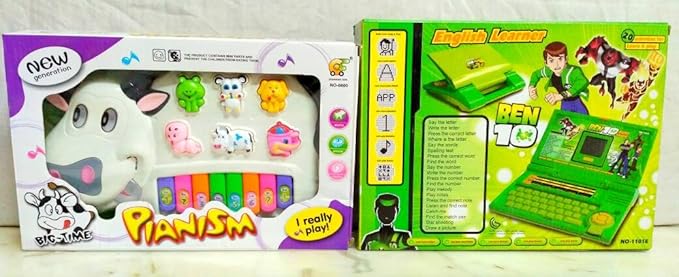 Play Design Laptop for Kids & Musical Cow Educational Piano (Multi Color) Combo Pack